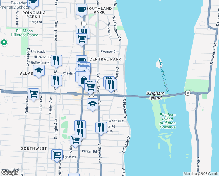 map of restaurants, bars, coffee shops, grocery stores, and more near in West Palm Beach