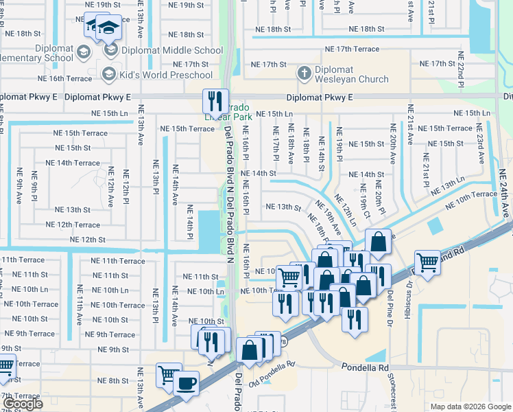 map of restaurants, bars, coffee shops, grocery stores, and more near 1227 Northeast 16th Place in Cape Coral
