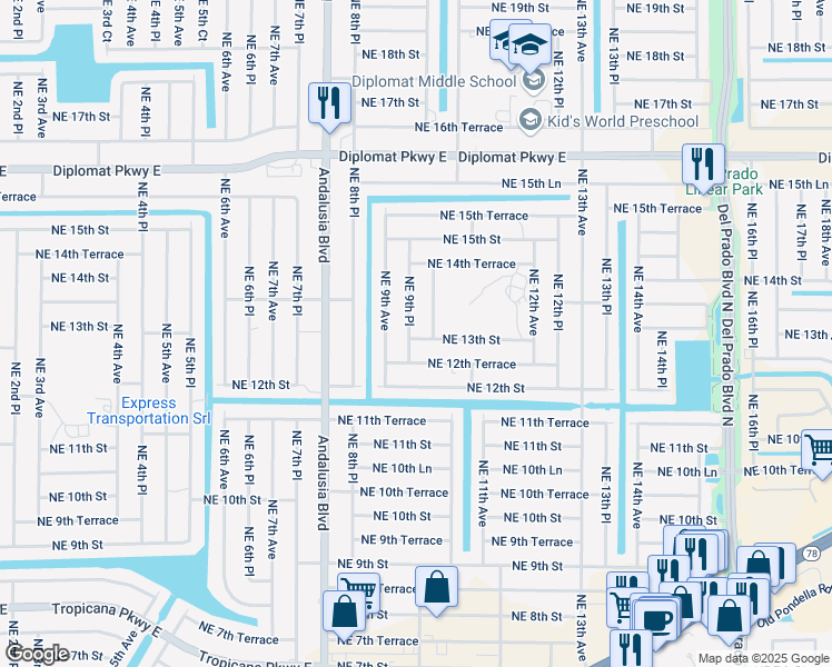 map of restaurants, bars, coffee shops, grocery stores, and more near 1220 Northeast 9th Avenue in Cape Coral