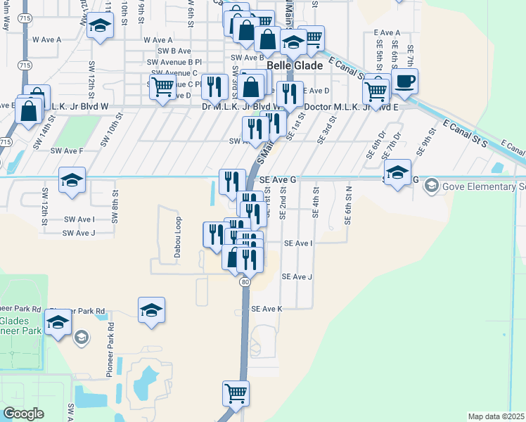 map of restaurants, bars, coffee shops, grocery stores, and more near 800 Southeast 1st Street in Belle Glade