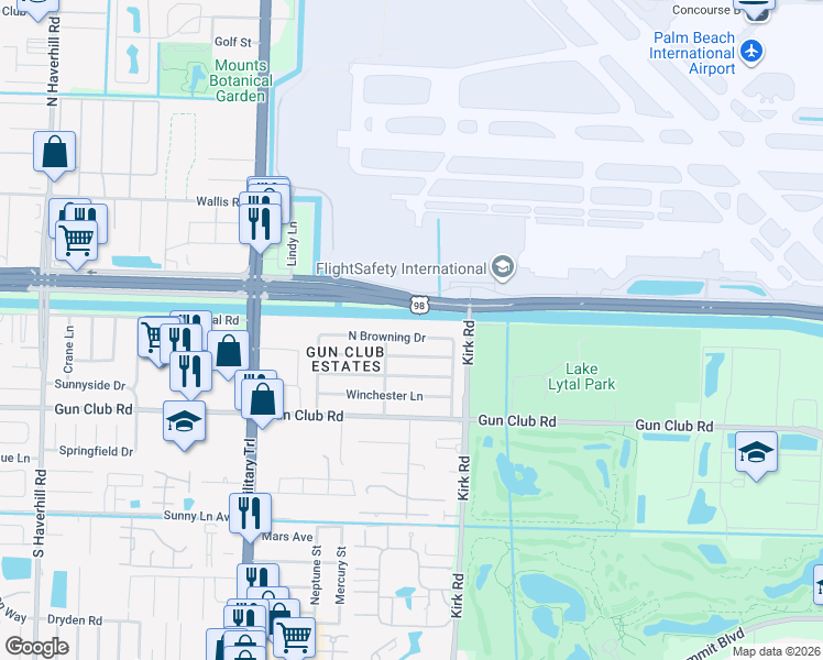 map of restaurants, bars, coffee shops, grocery stores, and more near 4122 North Browning Drive in West Palm Beach