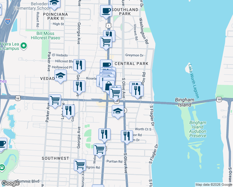 map of restaurants, bars, coffee shops, grocery stores, and more near 333 Southern Boulevard in West Palm Beach