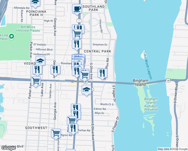 map of restaurants, bars, coffee shops, grocery stores, and more near 251 Southern Boulevard in West Palm Beach