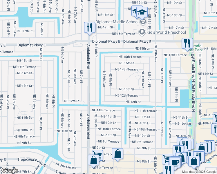map of restaurants, bars, coffee shops, grocery stores, and more near 1220 Northeast 9th Avenue in Cape Coral
