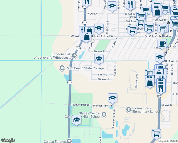 map of restaurants, bars, coffee shops, grocery stores, and more near 832 Southwest 12th Street in Belle Glade