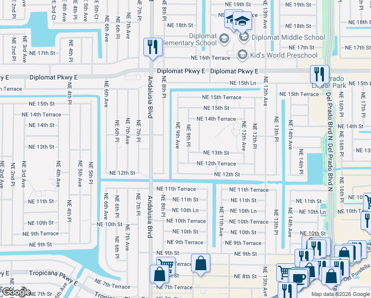 map of restaurants, bars, coffee shops, grocery stores, and more near 1220 Northeast 9th Avenue in Cape Coral