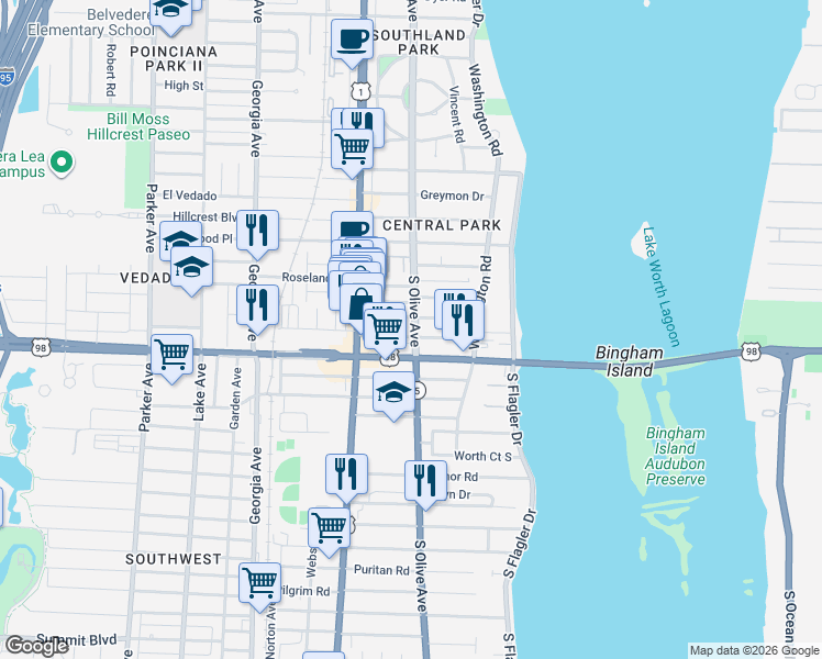 map of restaurants, bars, coffee shops, grocery stores, and more near 251 Southern Boulevard in West Palm Beach
