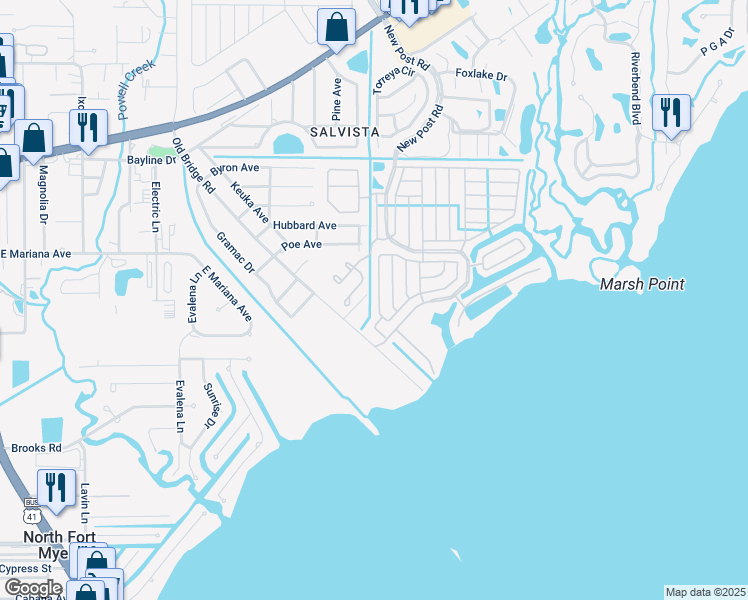 map of restaurants, bars, coffee shops, grocery stores, and more near 1108 Old Bridge Road in North Fort Myers