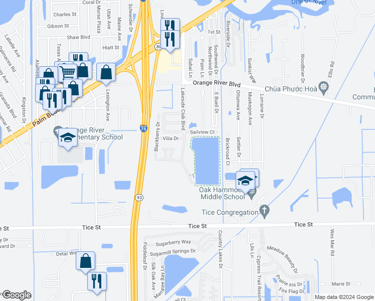 map of restaurants, bars, coffee shops, grocery stores, and more near 4681 Lakeside Club Boulevard in Fort Myers