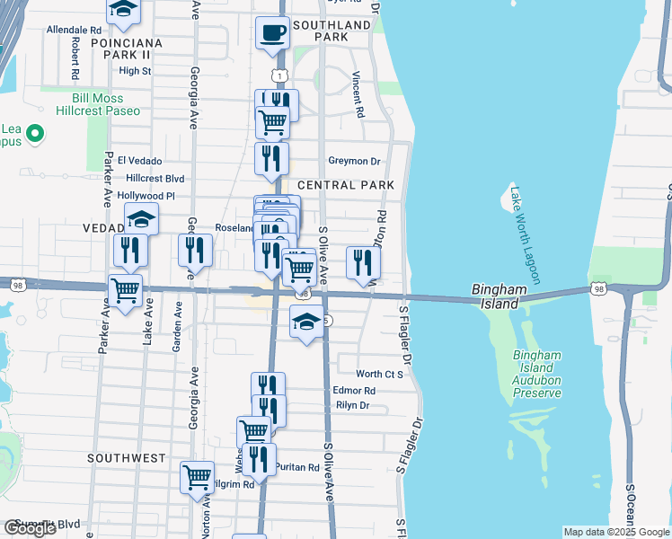 map of restaurants, bars, coffee shops, grocery stores, and more near 251 Southern Boulevard in West Palm Beach