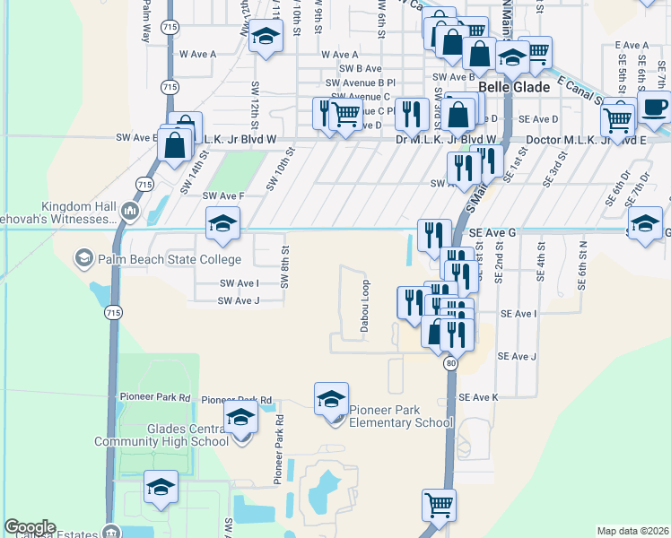 map of restaurants, bars, coffee shops, grocery stores, and more near 110 Dabou Loop in Belle Glade