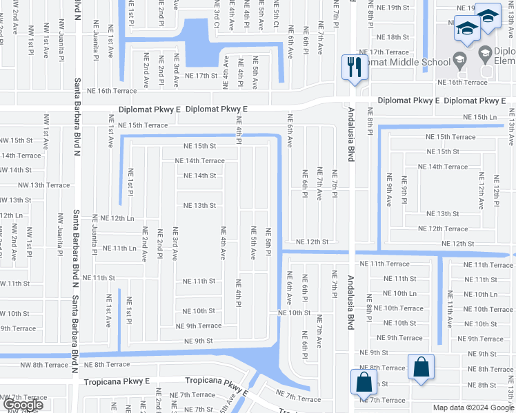 map of restaurants, bars, coffee shops, grocery stores, and more near 1301 Northeast 5th Avenue in Cape Coral