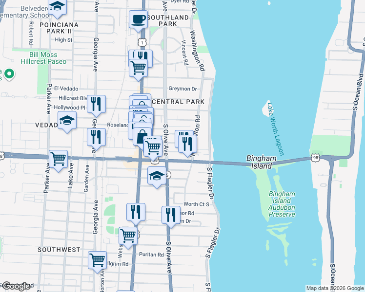 map of restaurants, bars, coffee shops, grocery stores, and more near 220 Walton Boulevard in West Palm Beach