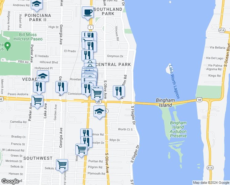 map of restaurants, bars, coffee shops, grocery stores, and more near 214 Lakeland Drive in West Palm Beach