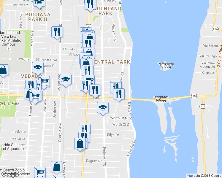 map of restaurants, bars, coffee shops, grocery stores, and more near 246 Lakeland Drive in West Palm Beach