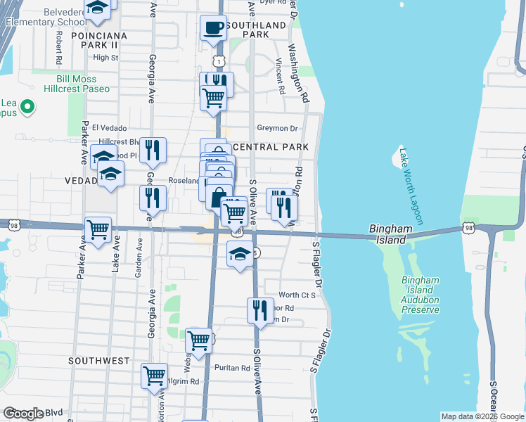map of restaurants, bars, coffee shops, grocery stores, and more near 246 Lakeland Drive in West Palm Beach