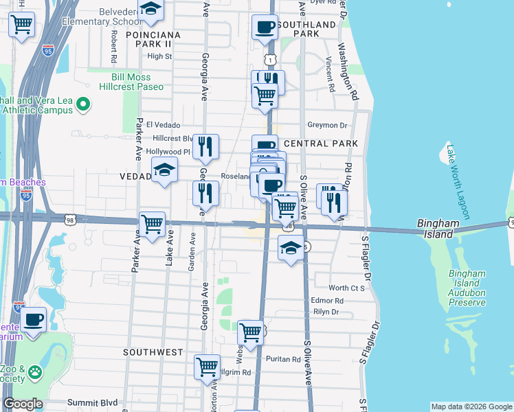 map of restaurants, bars, coffee shops, grocery stores, and more near 3727 South Dixie Highway in West Palm Beach