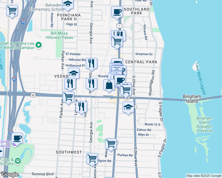 map of restaurants, bars, coffee shops, grocery stores, and more near 3725 Russell Avenue in West Palm Beach