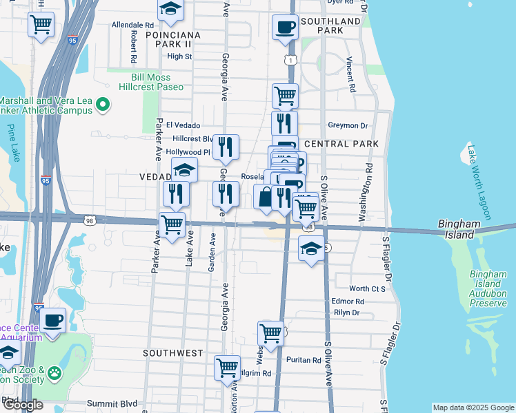 map of restaurants, bars, coffee shops, grocery stores, and more near 3725 Russell Avenue in West Palm Beach