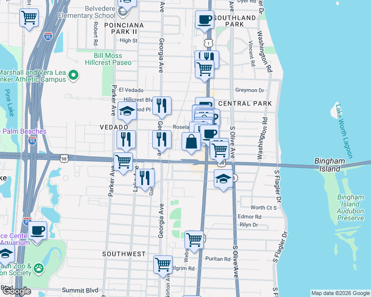 map of restaurants, bars, coffee shops, grocery stores, and more near 3725 Russell Avenue in West Palm Beach
