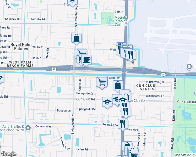 map of restaurants, bars, coffee shops, grocery stores, and more near 4762 Canal Road in West Palm Beach