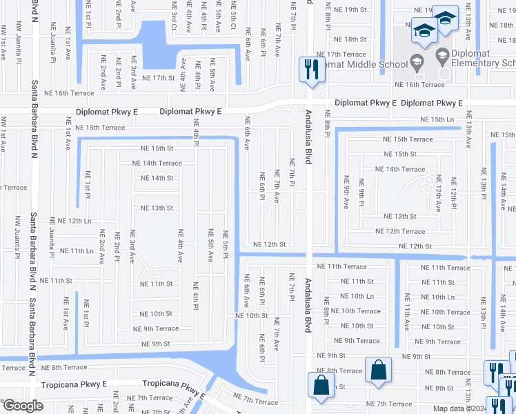 map of restaurants, bars, coffee shops, grocery stores, and more near 1302 Northeast 6th Place in Cape Coral