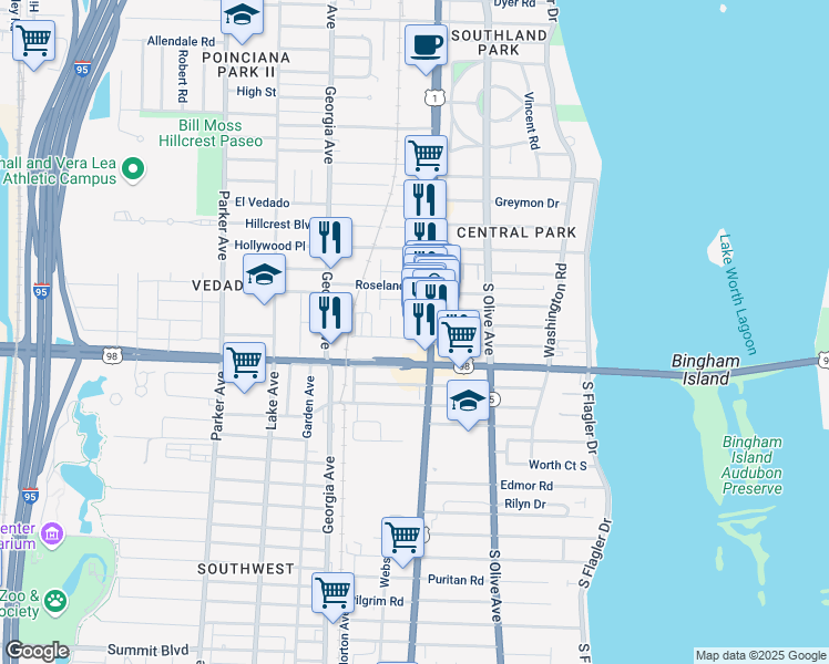 map of restaurants, bars, coffee shops, grocery stores, and more near 3727 South Dixie Highway in West Palm Beach