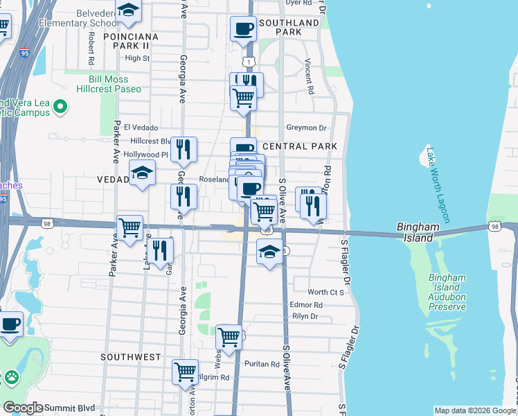 map of restaurants, bars, coffee shops, grocery stores, and more near 312 Central Drive in West Palm Beach