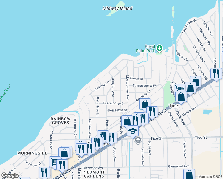 map of restaurants, bars, coffee shops, grocery stores, and more near 335 Arlington Avenue in Fort Myers