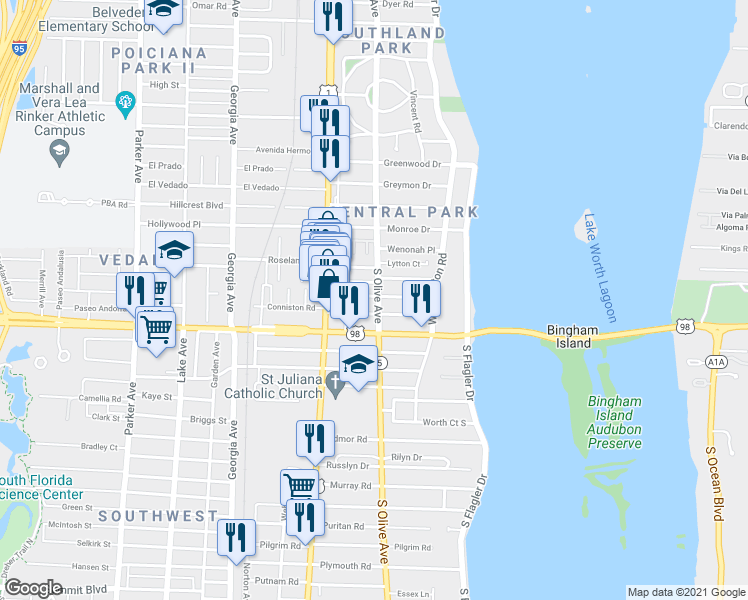 map of restaurants, bars, coffee shops, grocery stores, and more near 246 Lakeland Drive in West Palm Beach