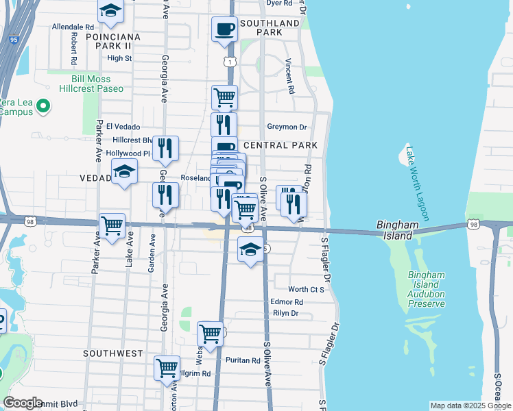 map of restaurants, bars, coffee shops, grocery stores, and more near 312 Central Drive in West Palm Beach