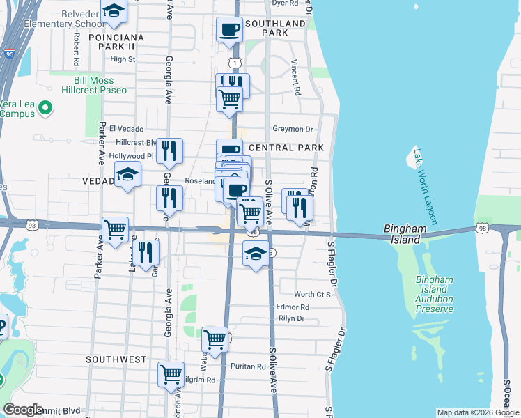 map of restaurants, bars, coffee shops, grocery stores, and more near 312 Central Drive in West Palm Beach