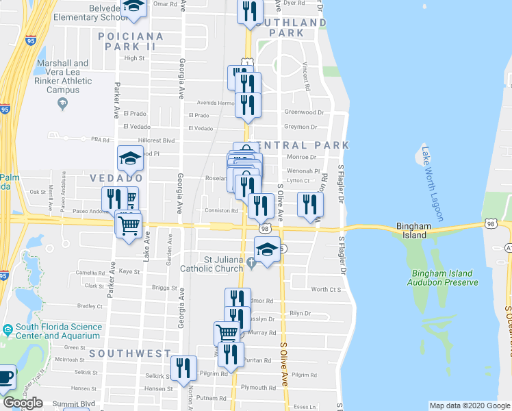 map of restaurants, bars, coffee shops, grocery stores, and more near 312 Central Drive in West Palm Beach