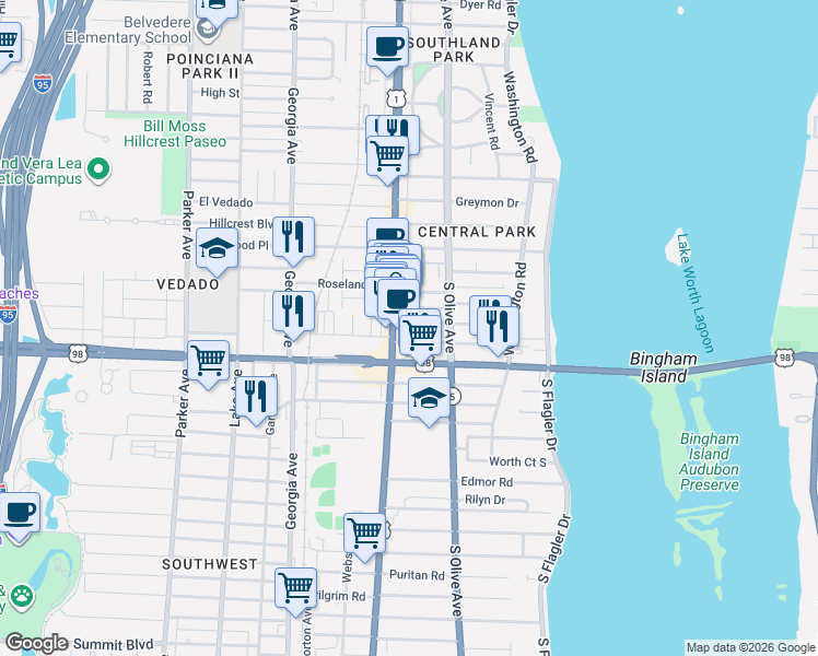 map of restaurants, bars, coffee shops, grocery stores, and more near 340 Walton Boulevard in West Palm Beach