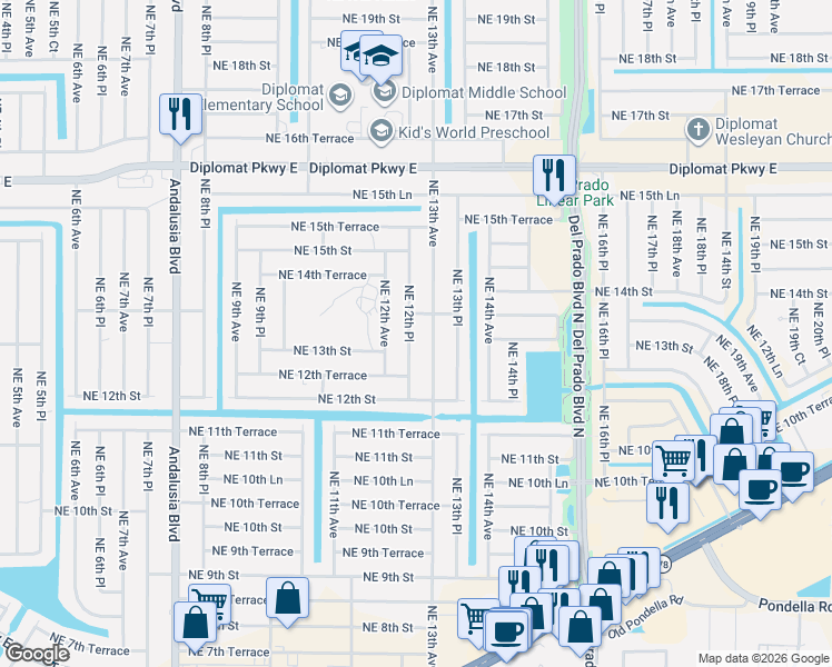 map of restaurants, bars, coffee shops, grocery stores, and more near 1317 Northeast 12th Place in Cape Coral