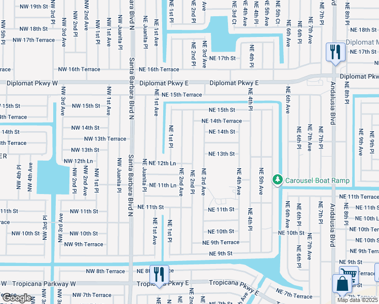 map of restaurants, bars, coffee shops, grocery stores, and more near 1315 Northeast 2nd Place in Cape Coral