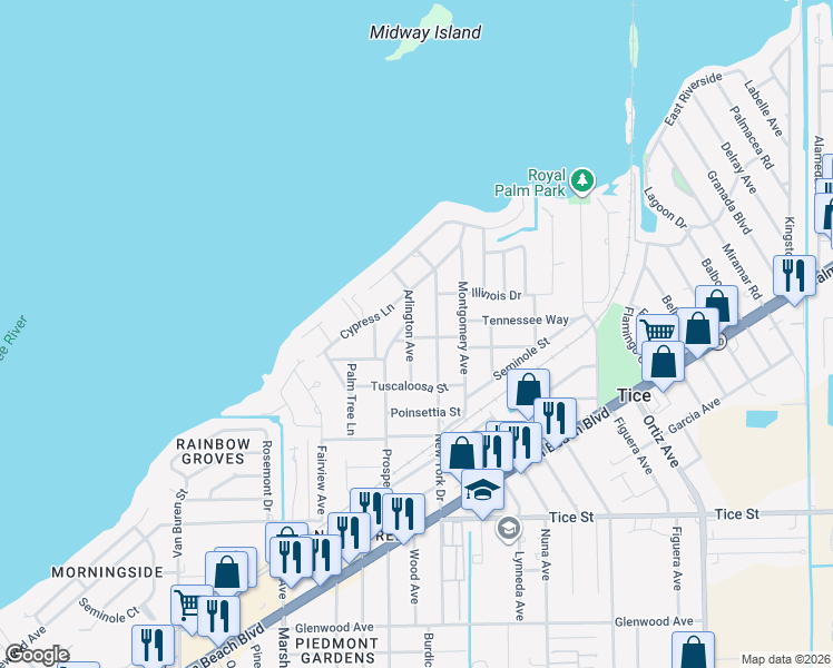 map of restaurants, bars, coffee shops, grocery stores, and more near 4443 Virginia Avenue in Tice