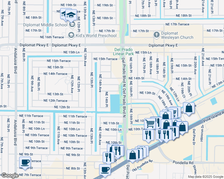 map of restaurants, bars, coffee shops, grocery stores, and more near 1501 Northeast 13th Street in Cape Coral