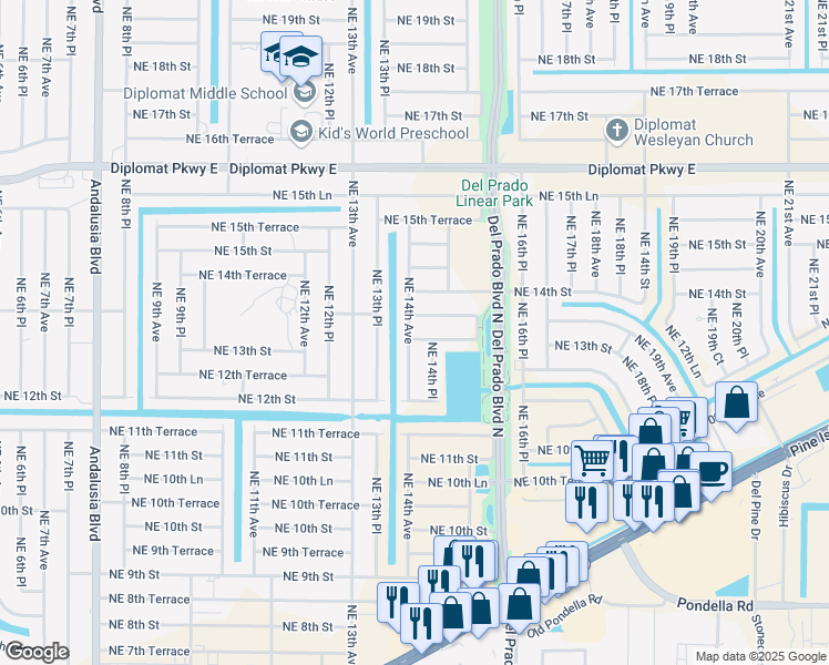 map of restaurants, bars, coffee shops, grocery stores, and more near 1401 Northeast 13th Street in Cape Coral