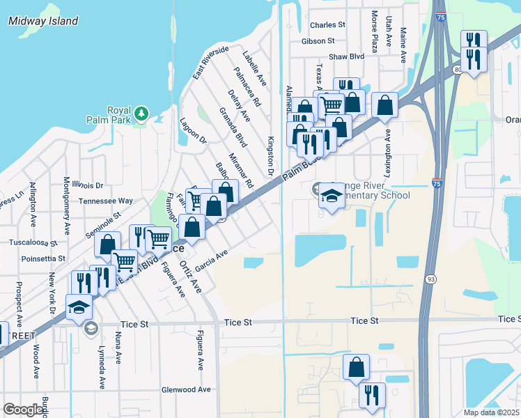 map of restaurants, bars, coffee shops, grocery stores, and more near 390 Miramar Road in Fort Myers