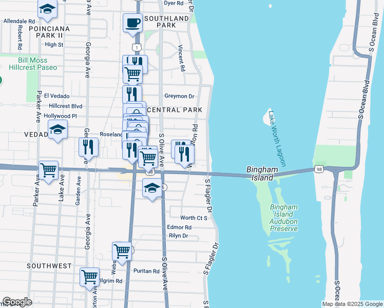 map of restaurants, bars, coffee shops, grocery stores, and more near 214 Lakeland Drive in West Palm Beach