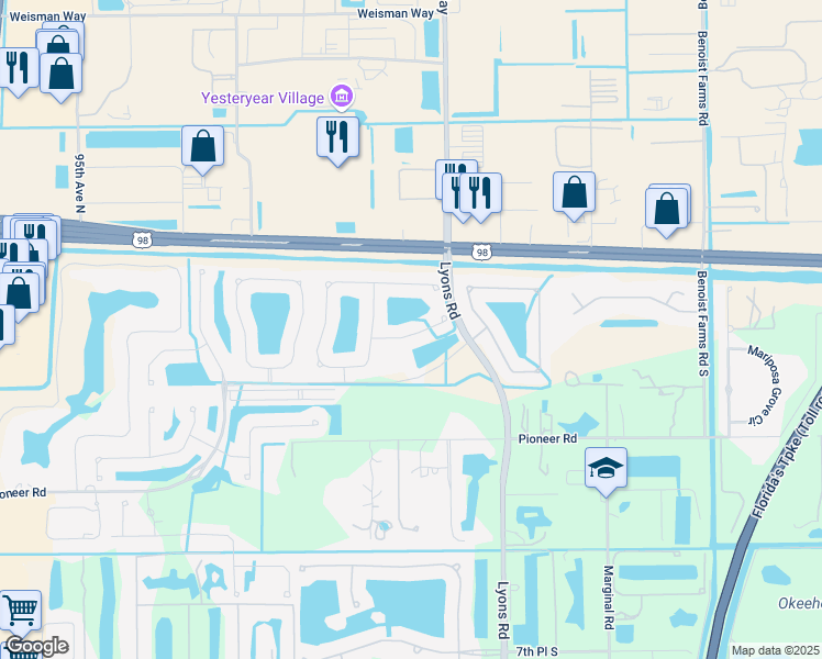 map of restaurants, bars, coffee shops, grocery stores, and more near 8715 Tally Ho Lane in Royal Palm Beach