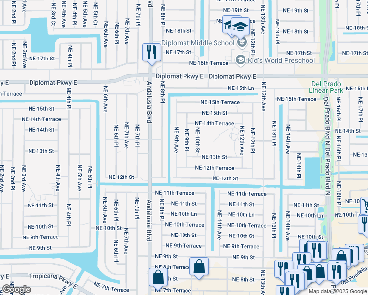 map of restaurants, bars, coffee shops, grocery stores, and more near 1312 Northeast 9th Place in Cape Coral