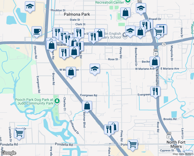 map of restaurants, bars, coffee shops, grocery stores, and more near 258 Duncan Lane in North Fort Myers