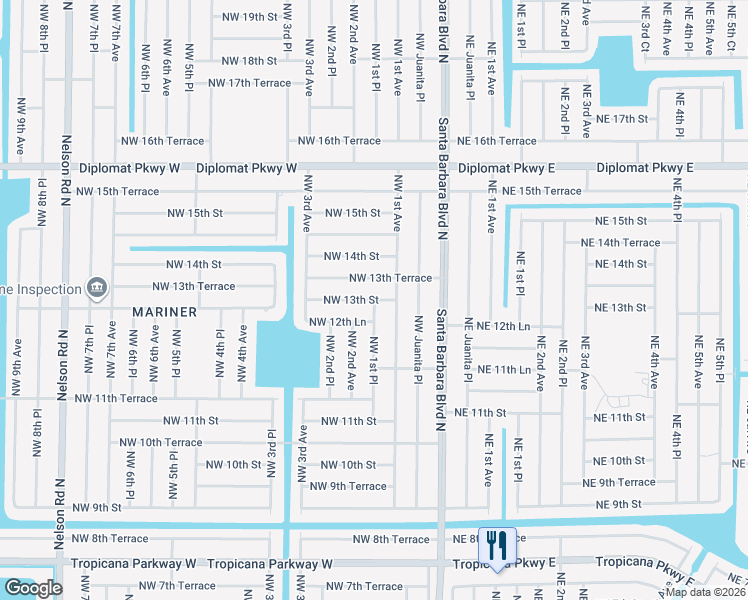 map of restaurants, bars, coffee shops, grocery stores, and more near 101 Northwest 13th Street in Cape Coral