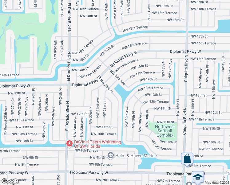 map of restaurants, bars, coffee shops, grocery stores, and more near 1301 Northwest 20th Court in Cape Coral