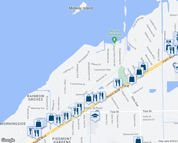 map of restaurants, bars, coffee shops, grocery stores, and more near 351 Montgomery Avenue in Fort Myers