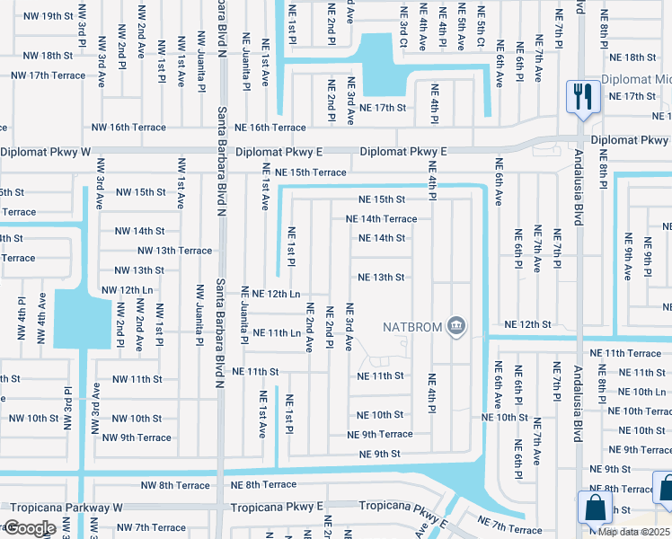 map of restaurants, bars, coffee shops, grocery stores, and more near 1315 Northeast 2nd Place in Cape Coral