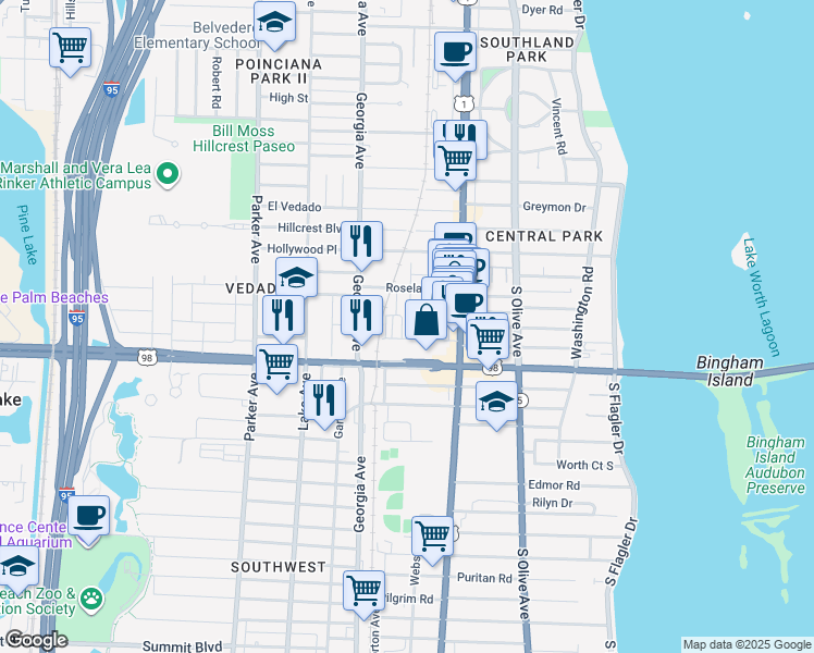map of restaurants, bars, coffee shops, grocery stores, and more near 3725 Russell Avenue in West Palm Beach