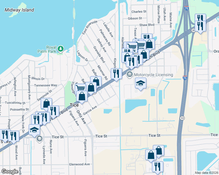 map of restaurants, bars, coffee shops, grocery stores, and more near 4822 Palm Beach Boulevard in Fort Myers